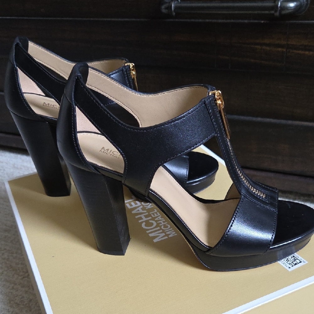 MICHAEL Michael Kors Black Leather Gold-Zip T-Strap Platform Heels - Picture 2 of 7
